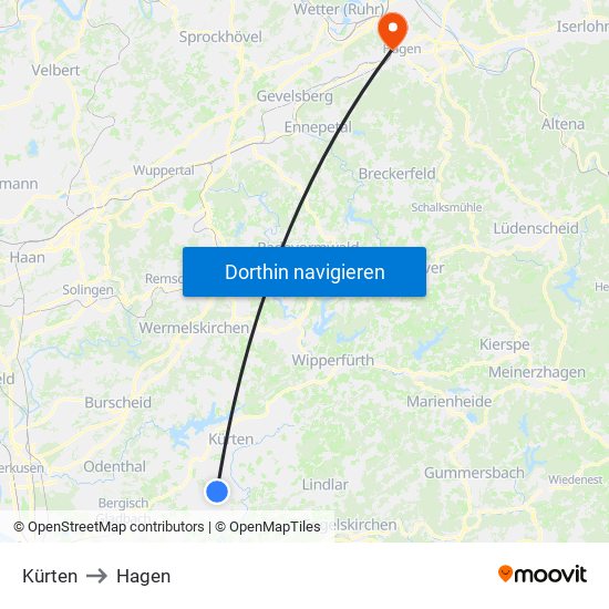 Kürten to Hagen map