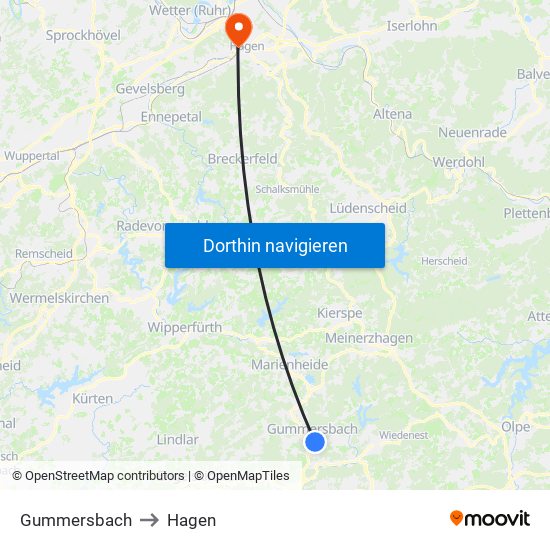Gummersbach to Hagen map