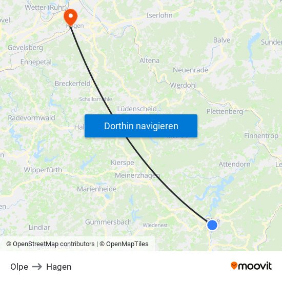 Olpe to Hagen map