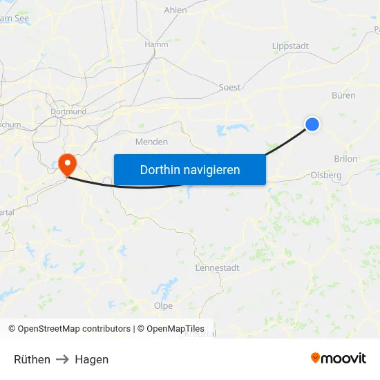 Rüthen to Hagen map