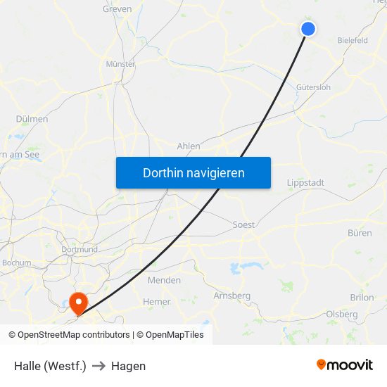 Halle (Westf.) to Hagen map