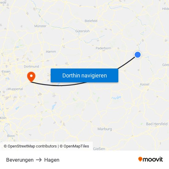 Beverungen to Hagen map