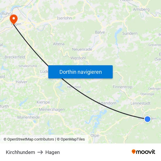 Kirchhundem to Hagen map