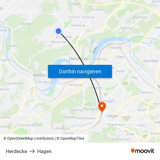 Herdecke to Hagen map