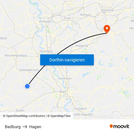 Bedburg to Hagen map