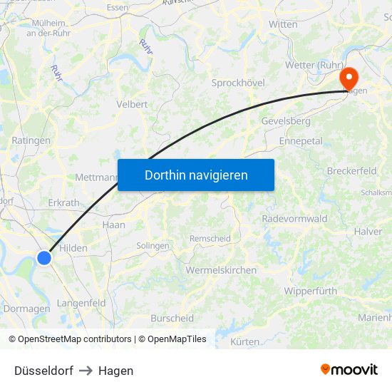 Düsseldorf to Hagen map