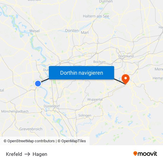 Krefeld to Hagen map