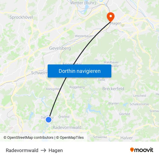 Radevormwald to Hagen map