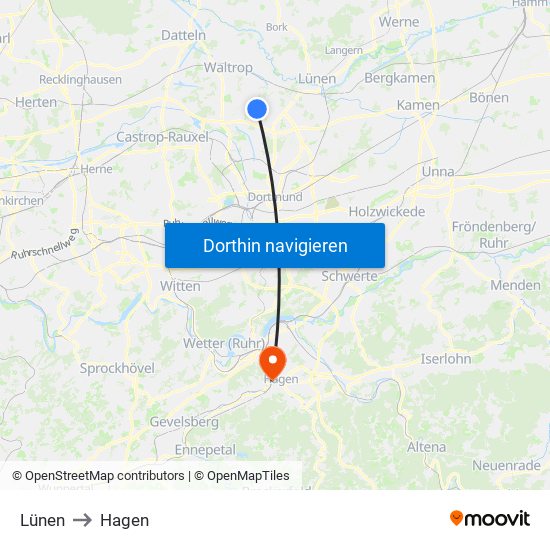 Lünen to Hagen map