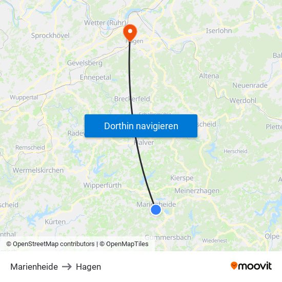 Marienheide to Hagen map