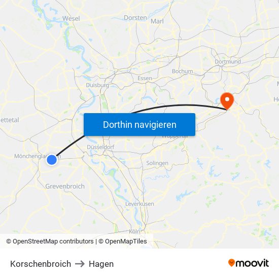 Korschenbroich to Hagen map
