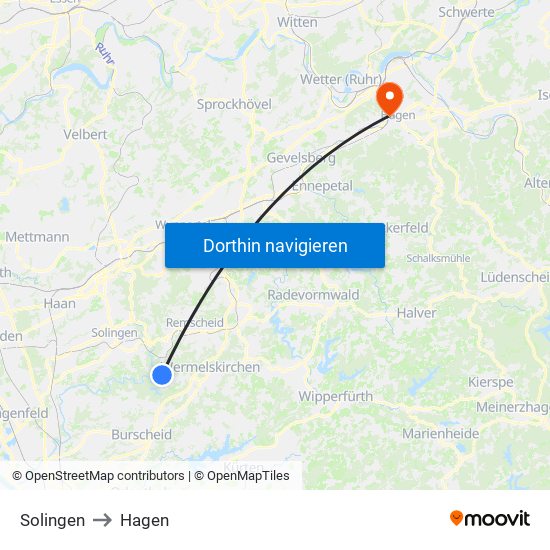 Solingen to Hagen map