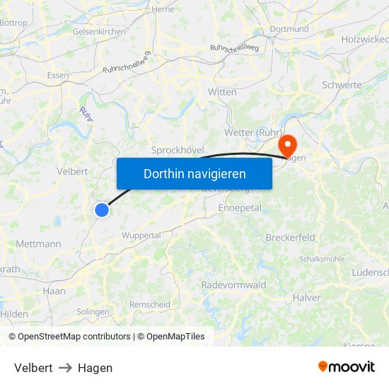 Velbert to Hagen map