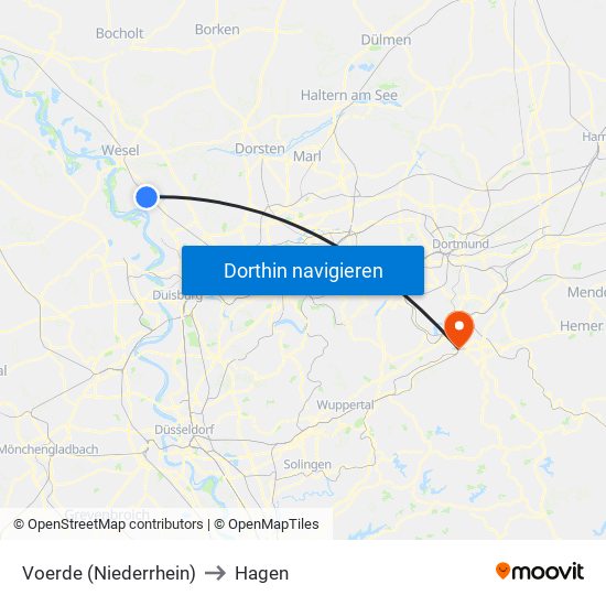 Voerde (Niederrhein) to Hagen map