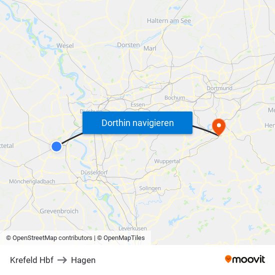 Krefeld Hbf to Hagen map