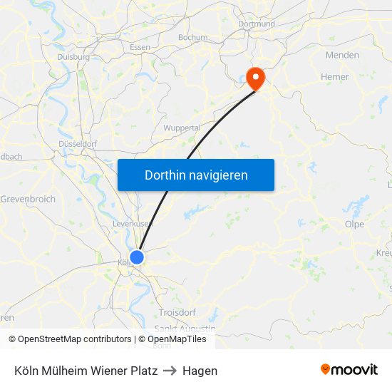 Köln Mülheim Wiener Platz to Hagen map