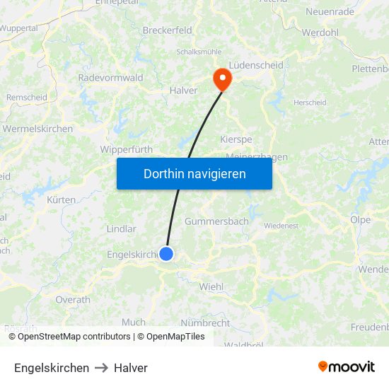 Engelskirchen to Halver map