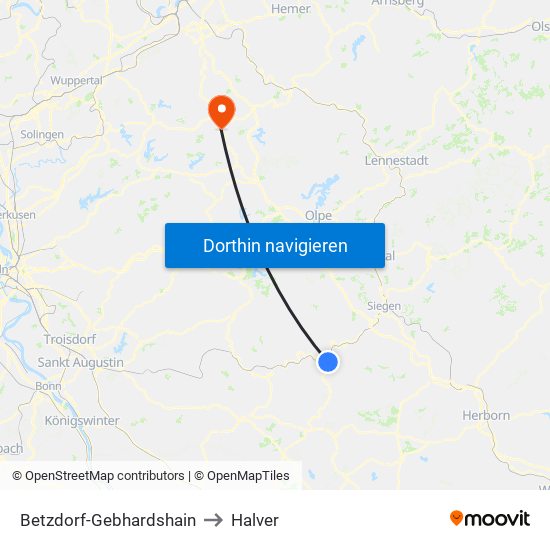 Betzdorf-Gebhardshain to Halver map