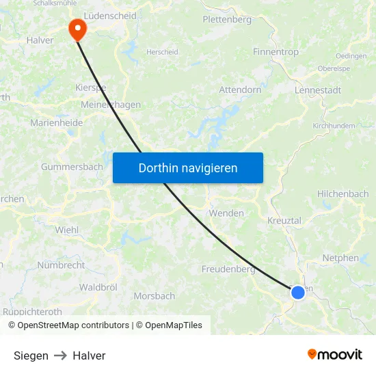 Siegen to Halver map