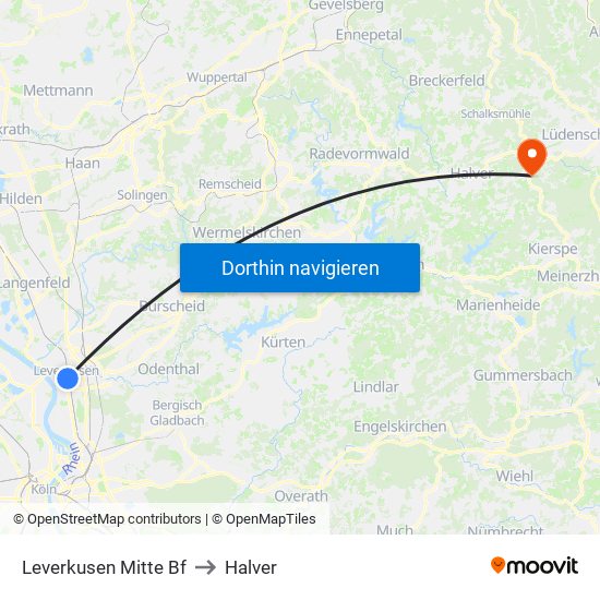 Leverkusen Mitte Bf to Halver map