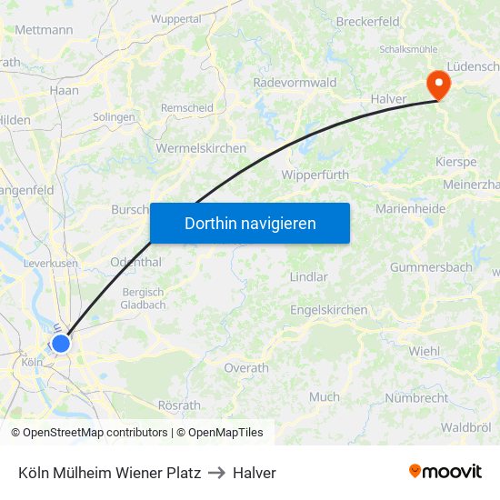 Köln Mülheim Wiener Platz to Halver map