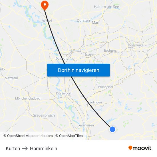 Kürten to Hamminkeln map