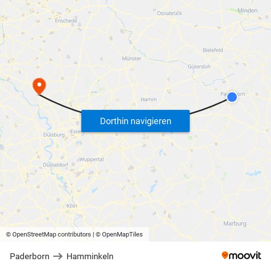 Paderborn to Hamminkeln map