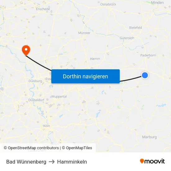 Bad Wünnenberg to Hamminkeln map