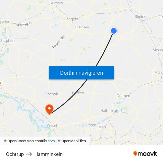 Ochtrup to Hamminkeln map