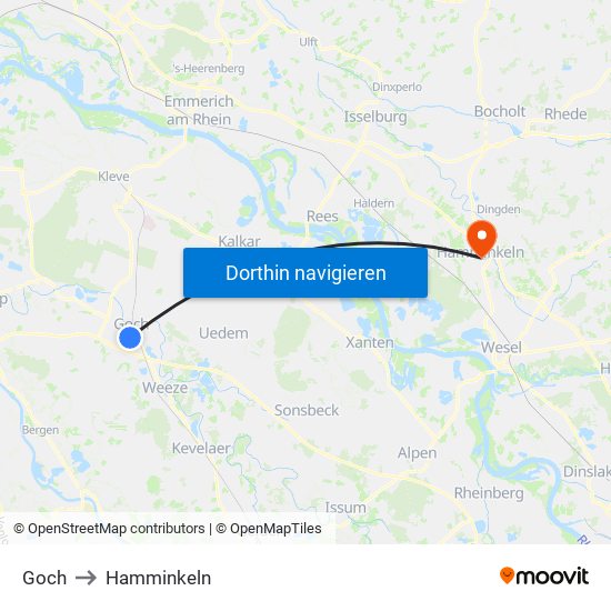 Goch to Hamminkeln map