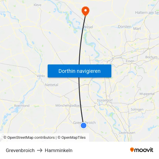 Grevenbroich to Hamminkeln map