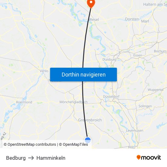 Bedburg to Hamminkeln map