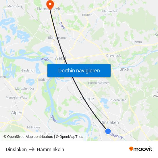 Dinslaken to Hamminkeln map