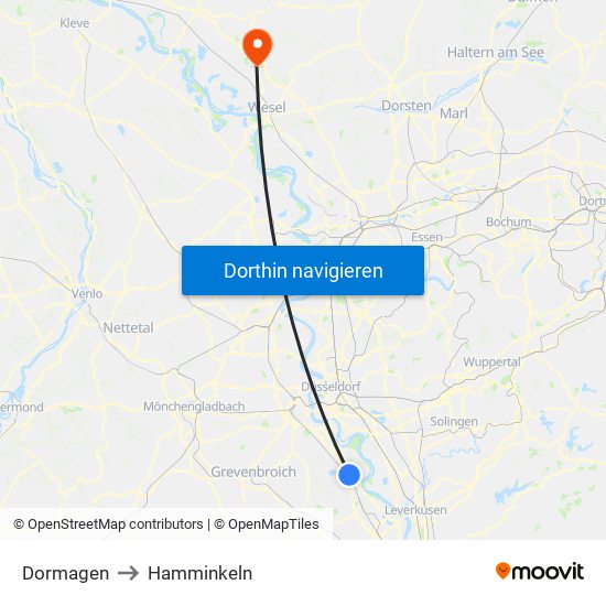 Dormagen to Hamminkeln map