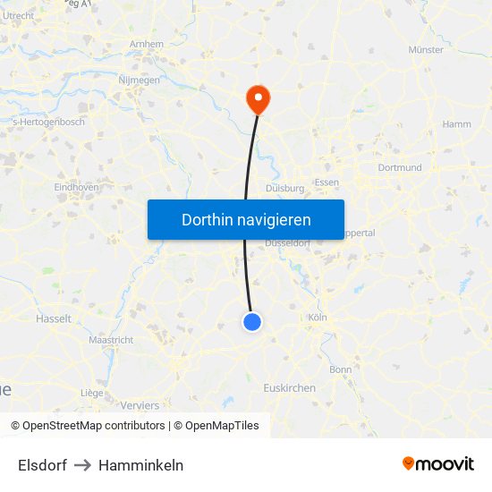 Elsdorf to Hamminkeln map