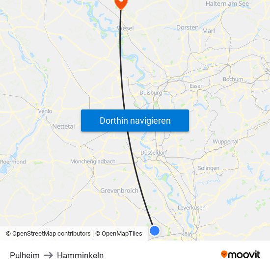 Pulheim to Hamminkeln map