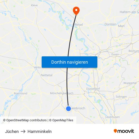 Jüchen to Hamminkeln map