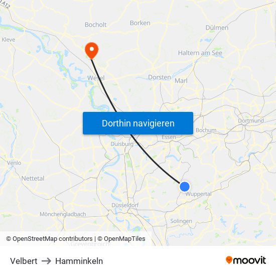 Velbert to Hamminkeln map