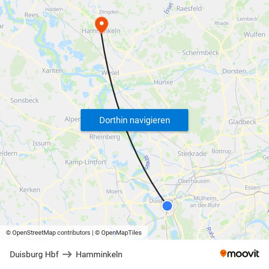 Duisburg Hbf to Hamminkeln map