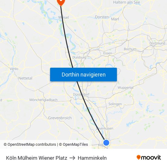 Köln Mülheim Wiener Platz to Hamminkeln map