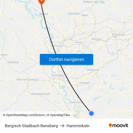 Bergisch Gladbach Bensberg to Hamminkeln map