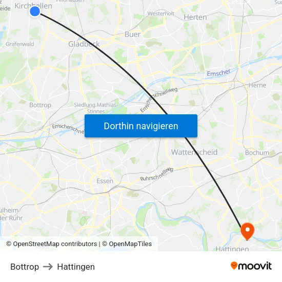 Bottrop to Hattingen map