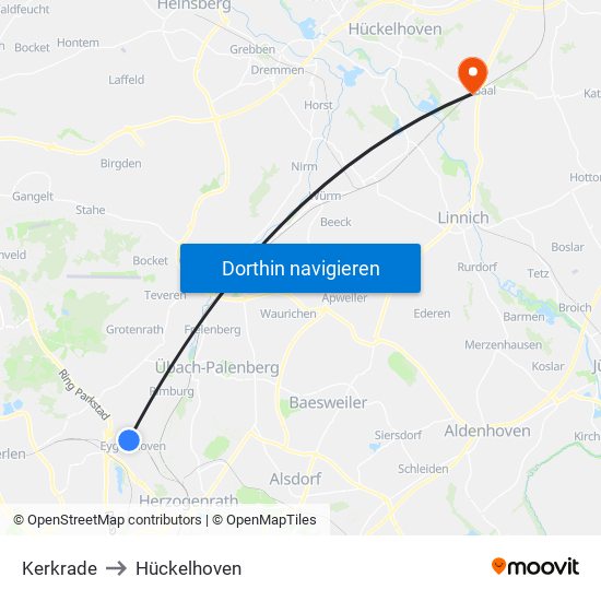 Kerkrade to Hückelhoven map