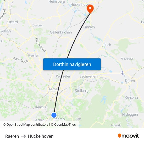 Raeren to Hückelhoven map