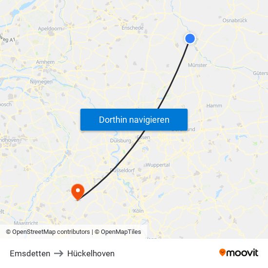 Emsdetten to Hückelhoven map