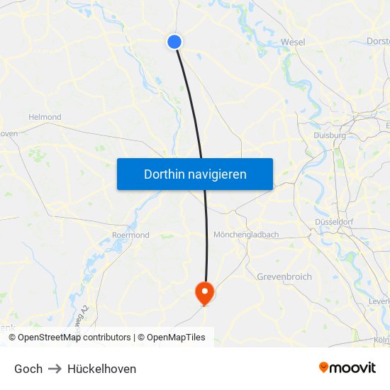 Goch to Hückelhoven map