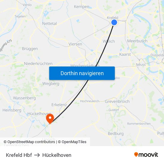 Krefeld Hbf to Hückelhoven map
