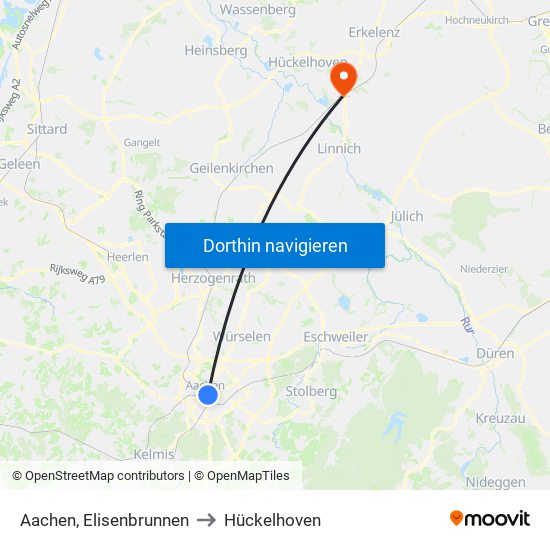 Aachen, Elisenbrunnen to Hückelhoven map