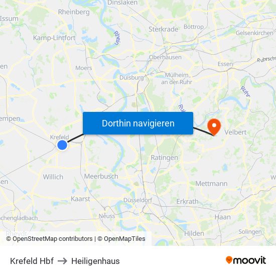 Krefeld Hbf to Heiligenhaus map