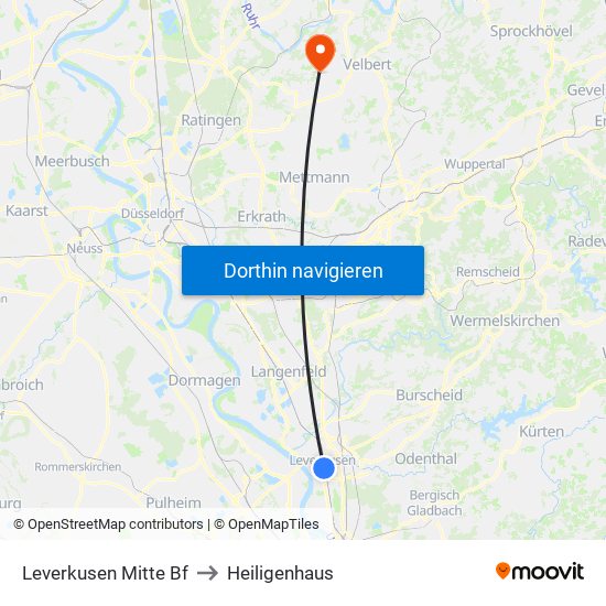 Leverkusen Mitte Bf to Heiligenhaus map